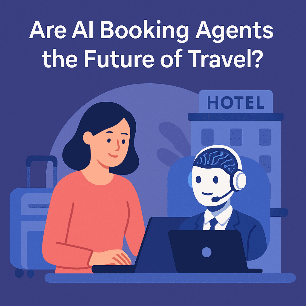 illustration: hotel guest and AI booking agent at a laptop